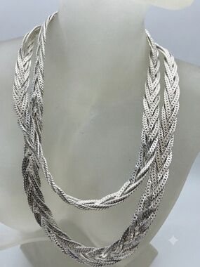 necklace Vintage Multi-Strand Braided Herringbone Chain silver plate